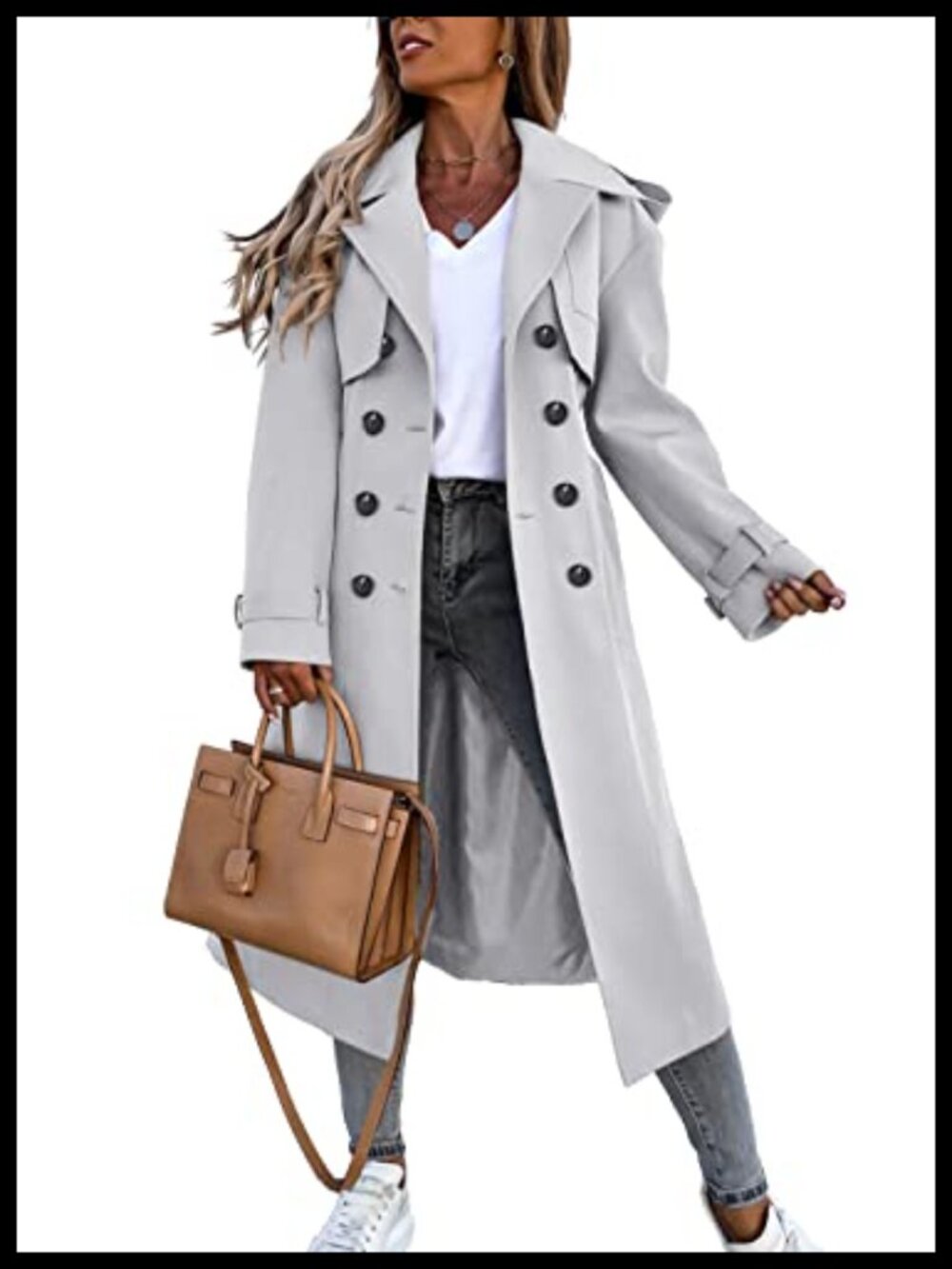 Women's Long Trench Coat Double Breasted Windproof Classic Overcoat